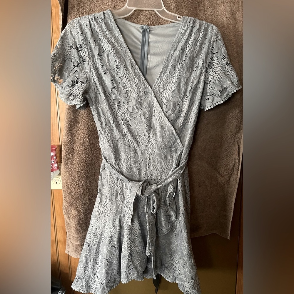 New dress grey with floral pattern lace overlay belted waist